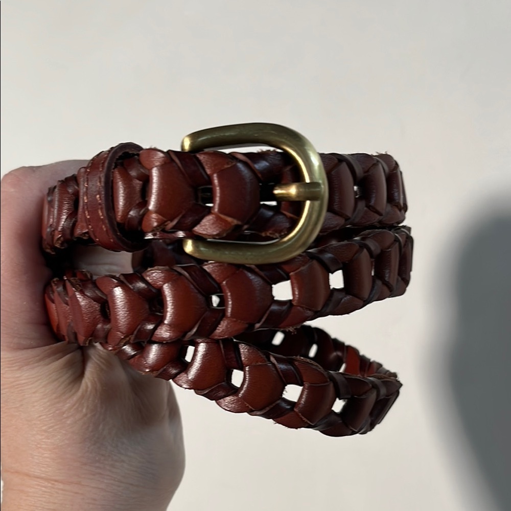 PATRICIA NASH Preppy Office 100% Leather Brass Buckle Link Brown 46" Casual Belt